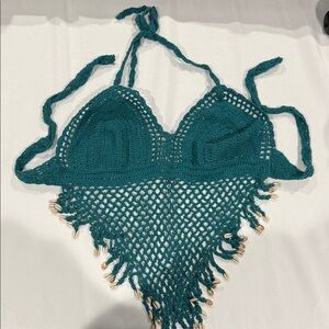 Island Planet Teal Crochet Halter Top with Shell Accents